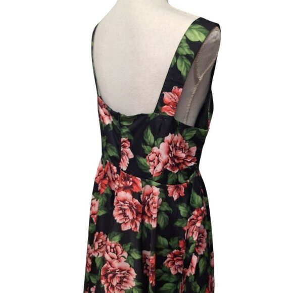 Papillon Rose Dress Womens Large Midi Tie Belt Waist Zip Back Pink Green Floral - Picture 12 of 15